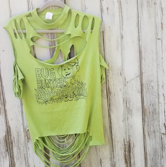 Distressed Cut Green Graphic Tee Upcycled - Picture 1 of 5